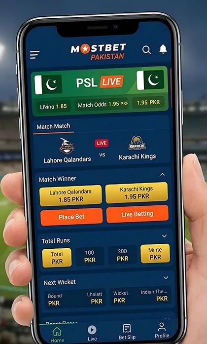 Mostbet Pakistan mobile interface displaying cricket odds and PKR currency